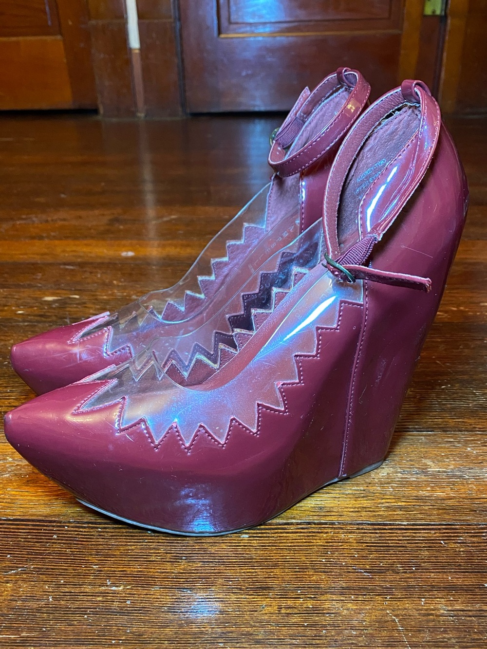 Jeffrey Campbell Audrey Two Burgundy Patent Platform Wedges Clear Zigzag Trim